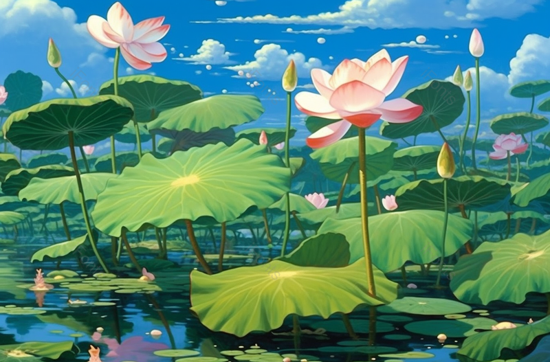 蓝天白云清爽二十四节气夏季夏天立夏小暑池塘荷塘水塘荷花荷叶绿色背景插画,插画/手绘图,插画/手绘图库,插画/手绘图下载,插画/手绘